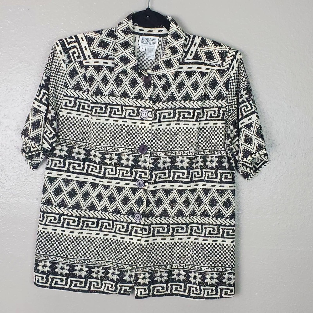 Anne Klein Black/White Tribal Print SS Camp Shirt Cotton Linen Blend 8 Casual